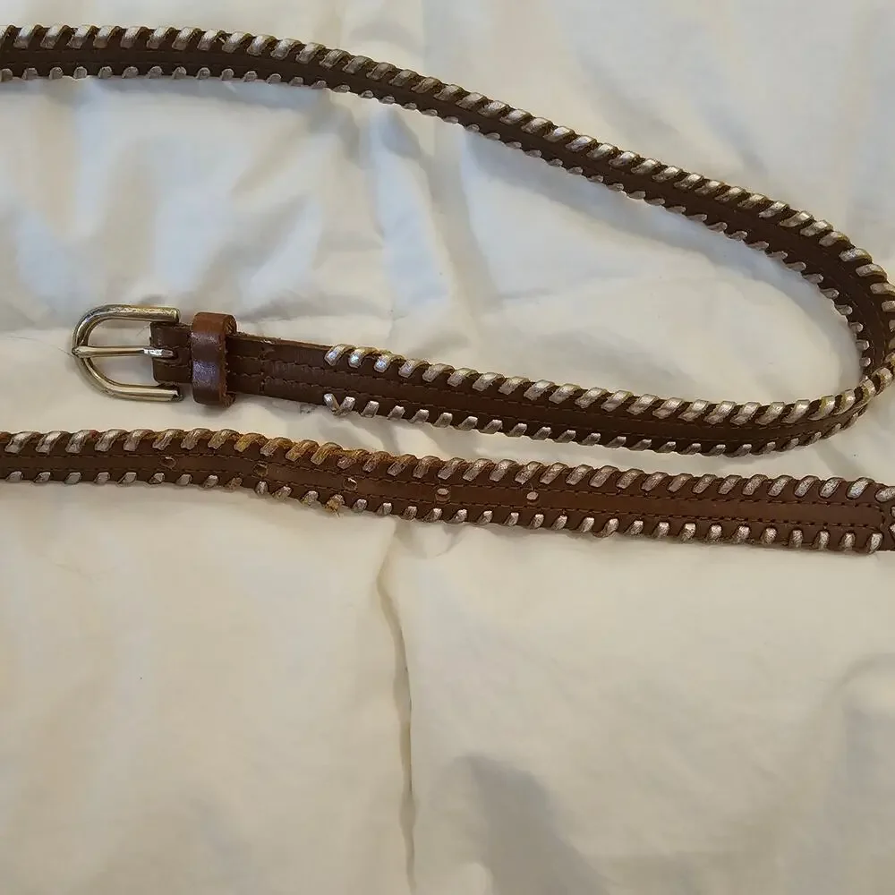 J.Crew Brown Leather Whipstitch Skinny Belt Metallic Lace Trim Size S